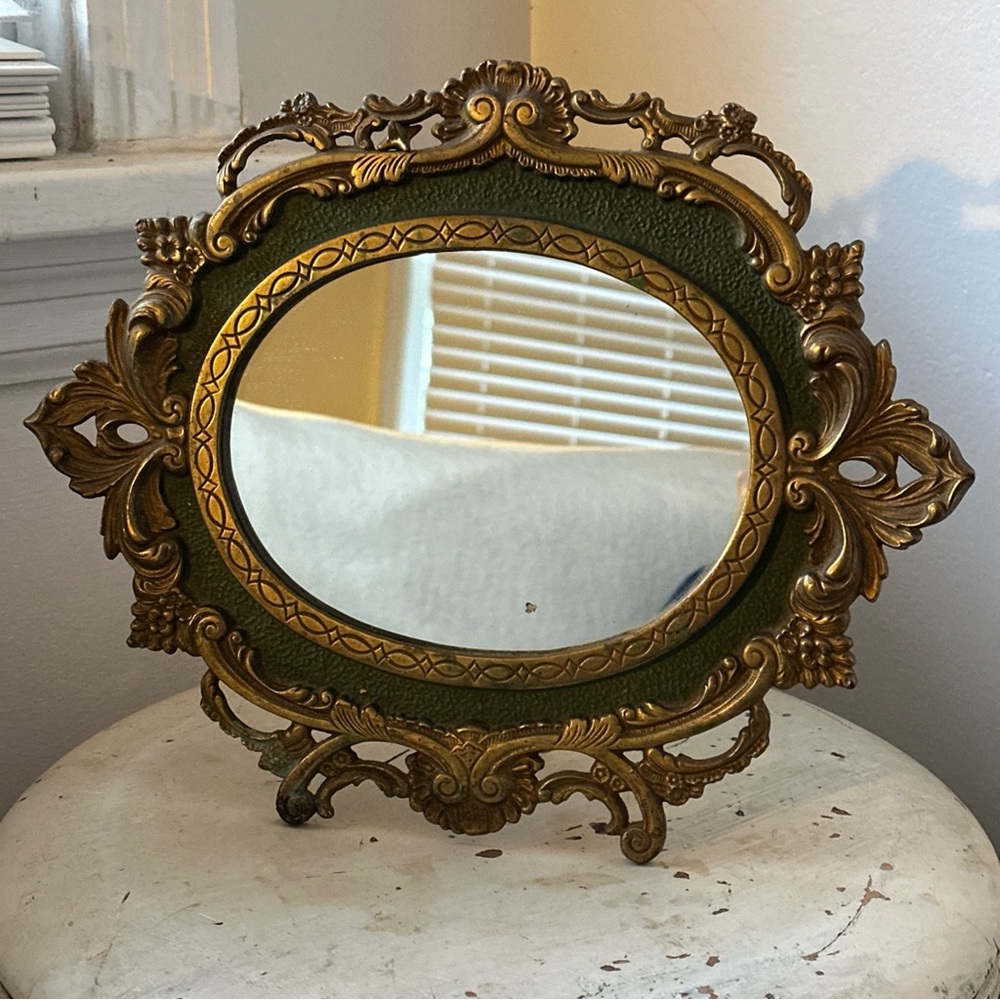 Antique MIRROR Baroque French vanity free standing solid Brass with green detail - Picture 2 of 16
